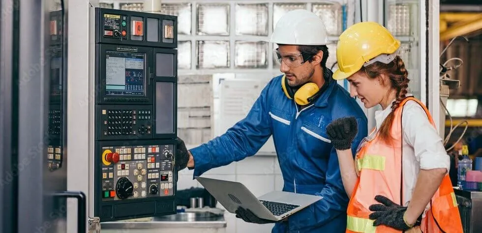 Deux ouvriers en vêtements de travail floqués devant une machine d’atelier